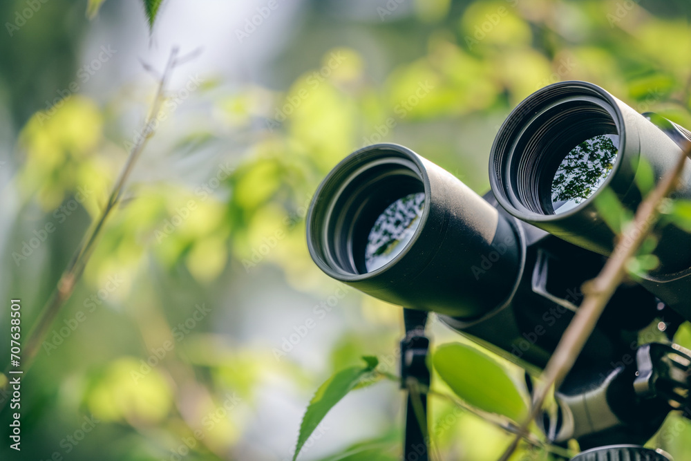 Close - up of bird watching, binoculars, spring wildlife. 
