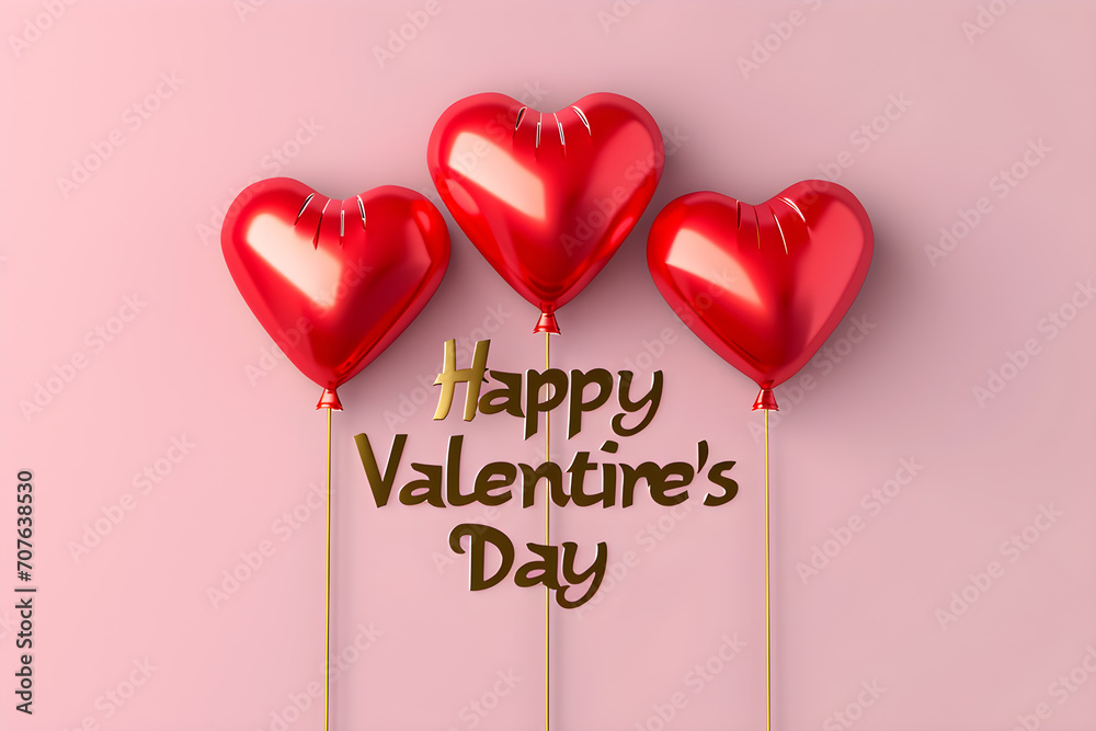 Happy Valentine's Day banner with 3D red heart balloons on pink background.