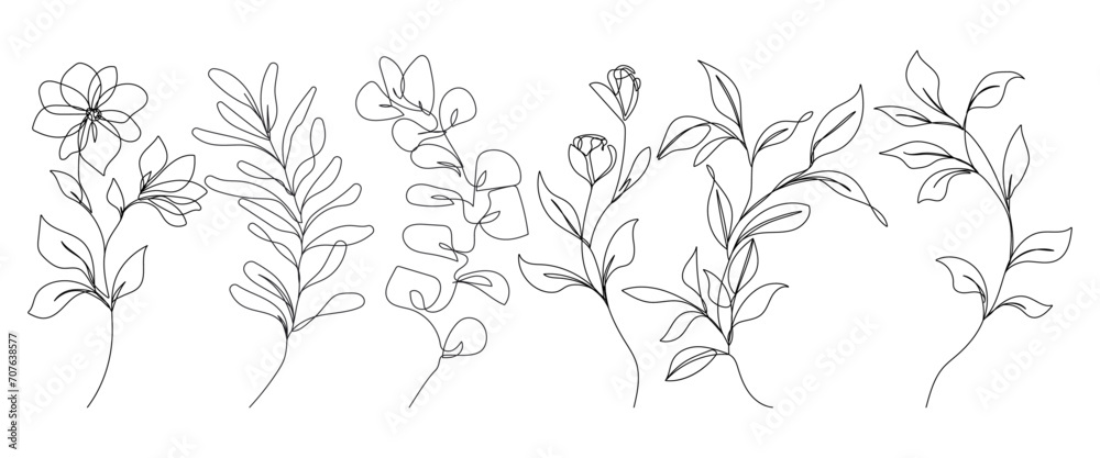 Continuous Line Drawing Set Of Plants Black Sketch of Flowers Isolated on White Background. Flowers One Line Illustration. Minimal Style Floral Set. Vector EPS 10.