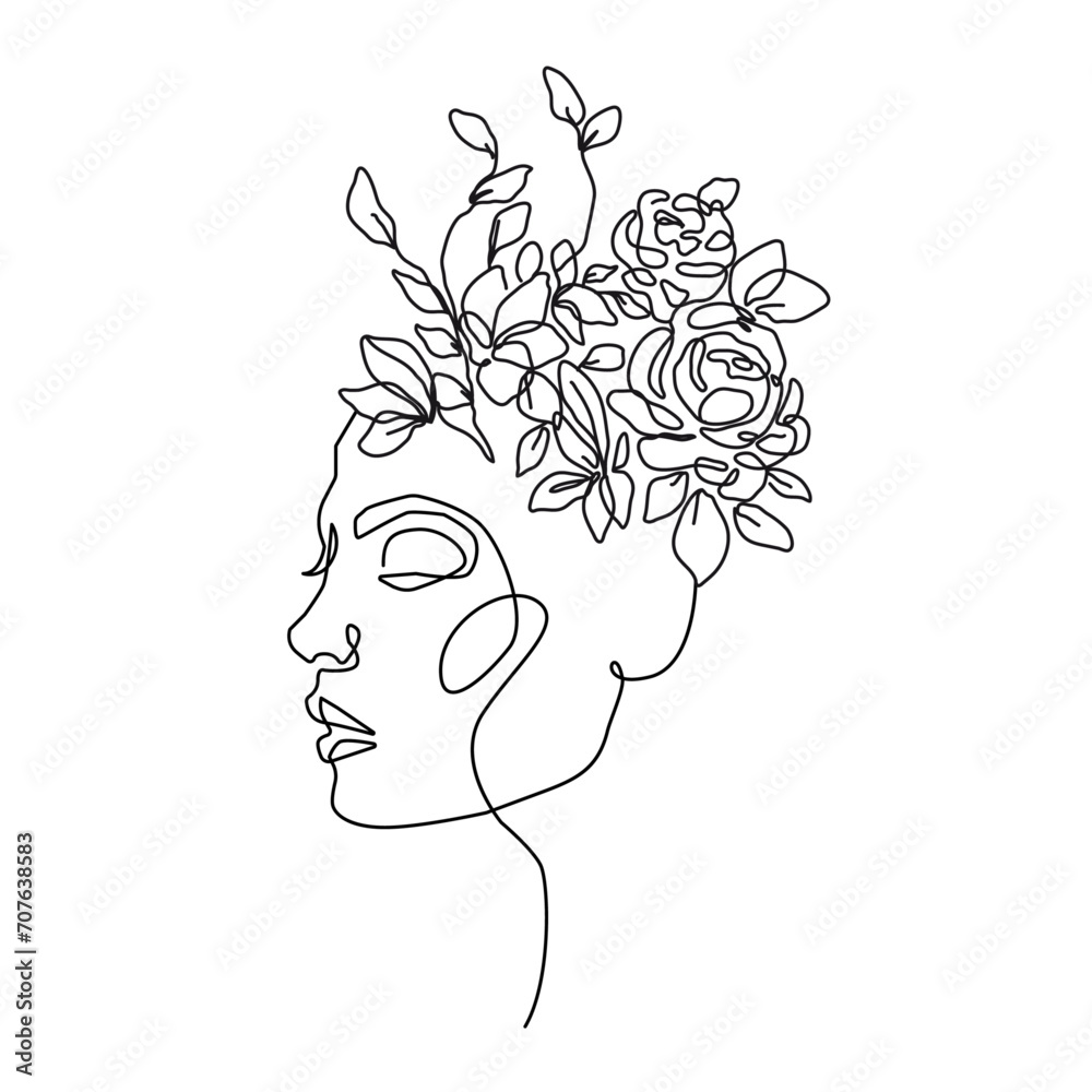 Woman Head with Flowers Line Vector Drawing. Style Template with Female Face with Flowers. Modern Minimalist Simple Linear Style. Beauty Fashion Design Woman Head with Flowers Line Vector Drawing. Style Template with Female Face with Flowers. Modern Minimalist Simple Linear Style. Beauty Fashion Design