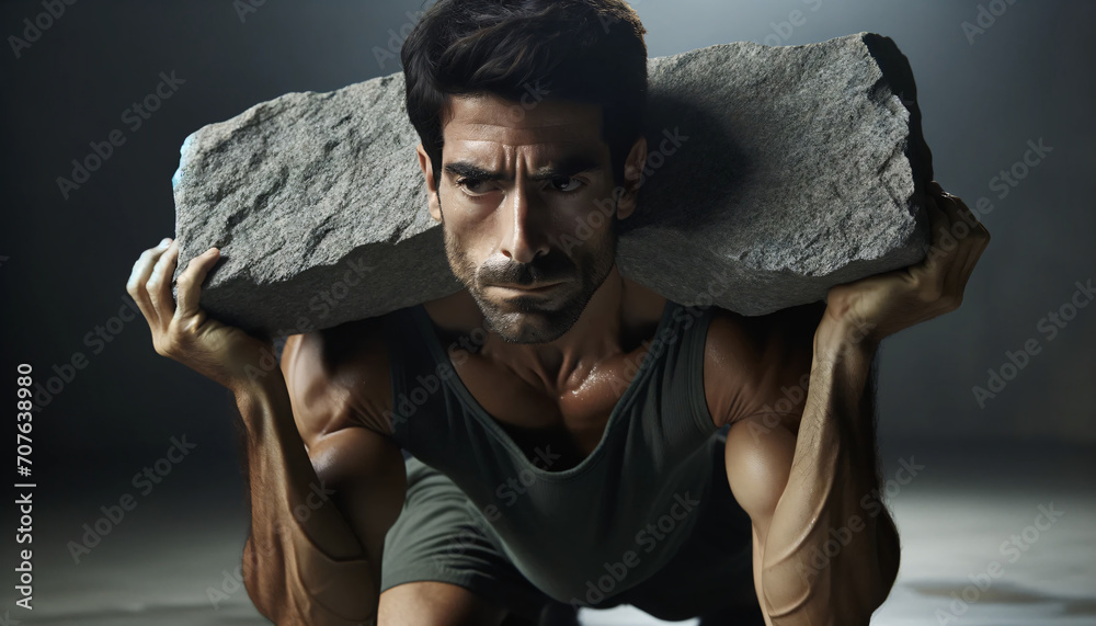 Φωτογραφία Hombre mostrando una fuerza extraordinaria al levantar una pesada roca, una metáfora de la capacidad humana para superar obstáculos y alcanzar objetivos físicos