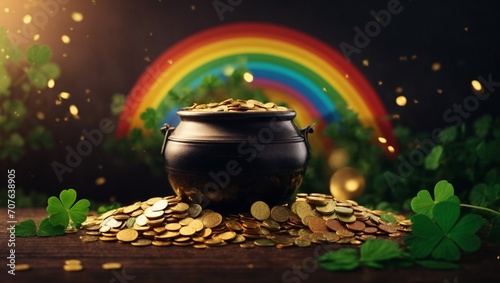 Banner of Pot of gold coins, clover leaves and rainbow. St. Patrick's Day concept. Generative AI 