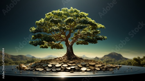 Ultra-realistic visual representation featuring a tree on a white backdrop as a symbol of the strength of capital growth beside a coin. Detailed and lifelike depiction showcasing the synergy between f