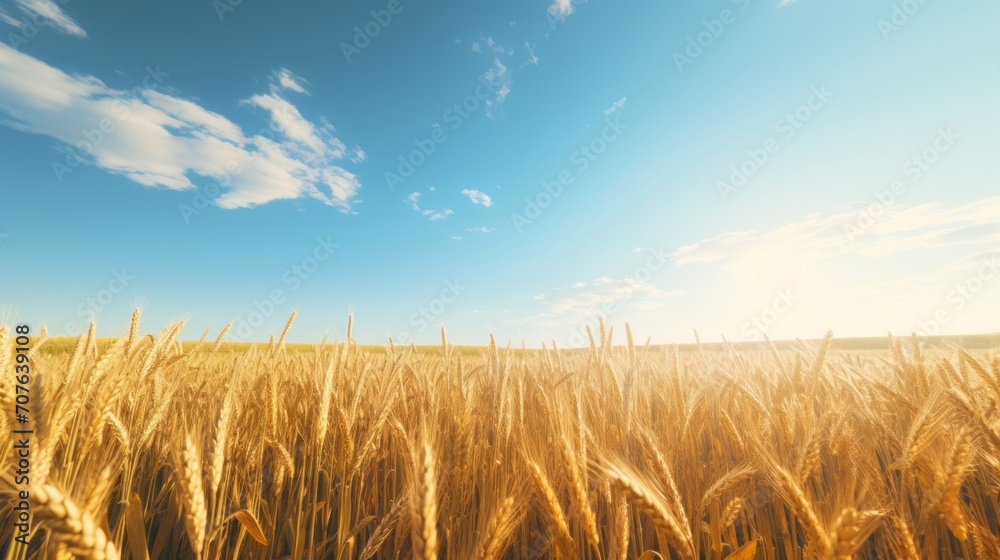 Vast golden cornfield stretching across the horizon under a clear blue sky on a sunny day. Generative AI