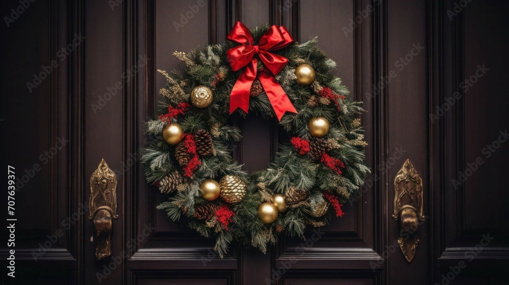 a wreath on a door with a red bow
