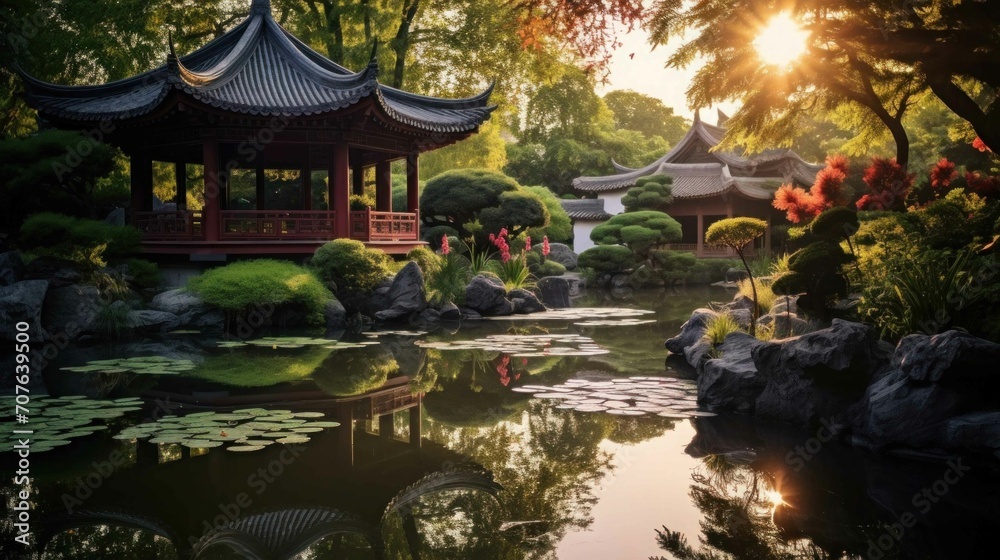 A traditional Chinese garden adorned with classical architecture A traditional Chinese garden adorned with classical architecture