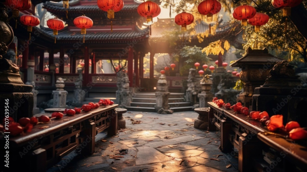 A tranquil Chinese New Year temple adorned with red lanterns