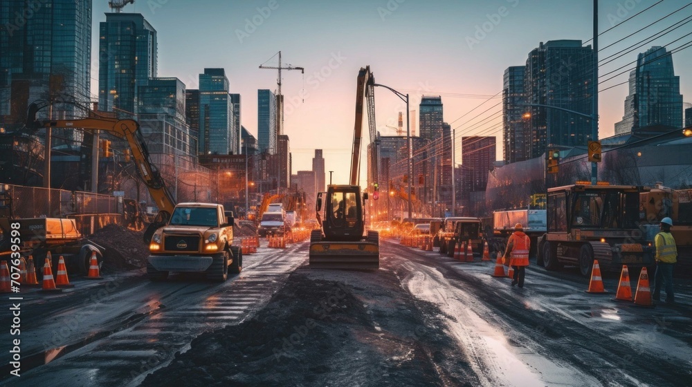 A vibrant cityscape filled with construction machinery at the break of dawn