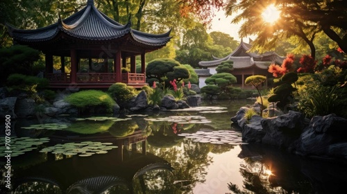 A traditional Chinese garden adorned with classical architecture