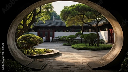 A tranquil courtyard with a traditional Chinese moon gate