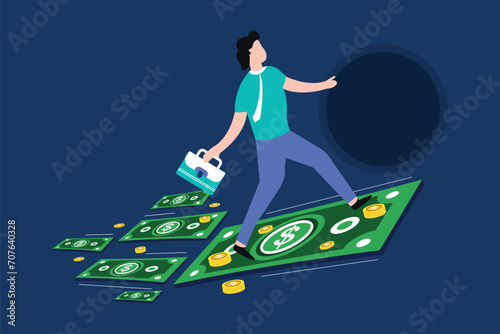 Businessman flying on a banknote. Business concept vector illustration