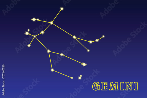 Constellation Gemini. Constellation Gemini. Illustration of the constellation Gemini. Zodiac constellation of the northern hemisphere of the sky. The brightest stars are orange Pollux and white Castor