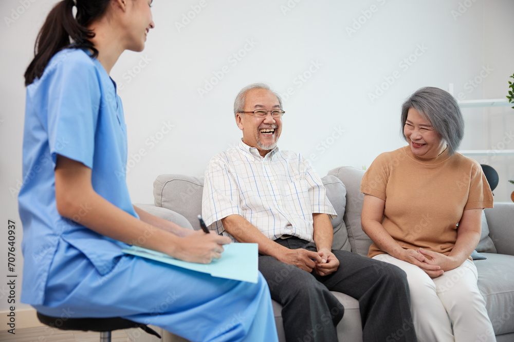 nurse or caregiver meeting and talking with about health with senior couple nurse or caregiver meeting and talking with about health with senior couple