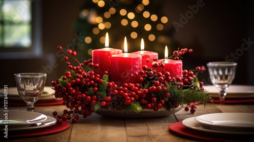 dining table cristmas adorned with candles  holly  and glittering ornaments