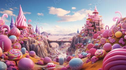 Fantasy candy land with colorful sweet castles, lollipops, and candies under a blue sky with fluffy clouds. photo