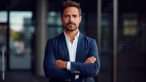 Confident successful adult man in elegant blue suit, white shirt, arms crossed, standing on blue background, radiating professionalism, style. Business. Corporate training. Motivation, success