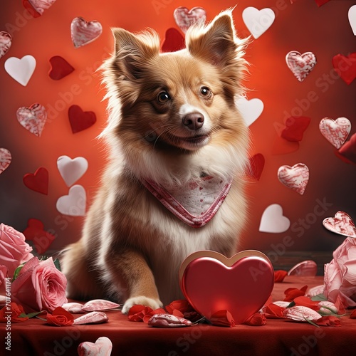 Cute realistic dog with hearts and petals © velvokayd