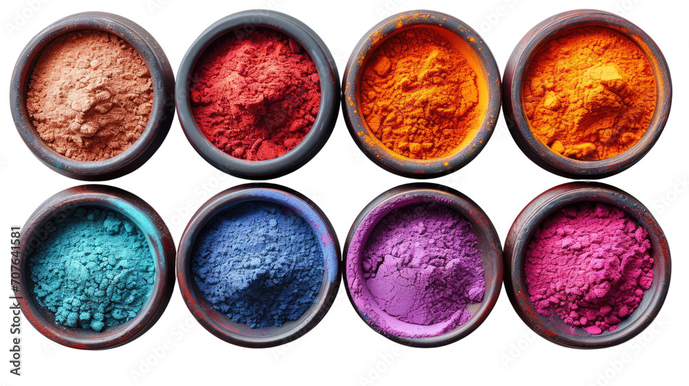 Holi color festival vibrant colours powder in bowls isolated on white, transparent, top view, PNG Holi color festival vibrant colours powder in bowls isolated on white, transparent, top view, PNG