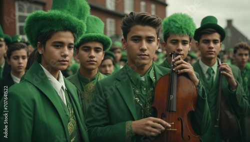 Young people perform St. Patrick day, Green clover, St. Patrick's Day, Shamrocks, Generative AI 