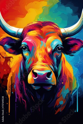 Colorful bull pop art style isolated on white background. Brightly coloured animals Bull print or canvas or download © May