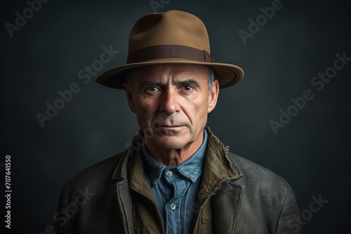 Portrait of an old man in a hat and jacket on a dark background