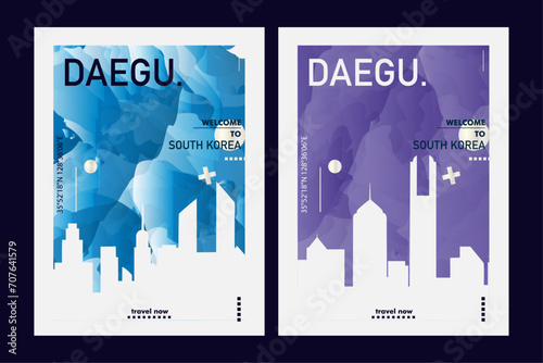 Daegu city poster pack with abstract skyline, cityscape, landmark and attraction. South Korea megapolis travel vector illustration layout set for vertical brochure, website, flyer, presentation