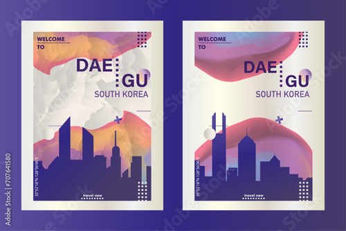 Daegu city poster pack with abstract skyline, cityscape, landmark and attraction. South Korea megapolis travel vector illustration layout set for vertical brochure, website, flyer, presentation