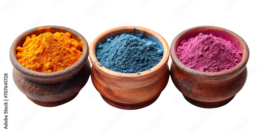 Φωτογραφία Holi color festival vibrant colours powder in bowls isolated on white, transpare