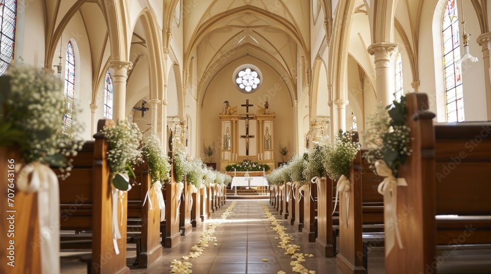 A church interior is adorned for a wedding, with white floral arrangements lining the aisle leading to an altar under a stained glass window. - obrazy, fototapety, plakaty 