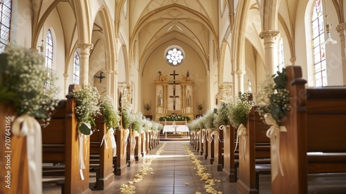 A church interior is adorned for a wedding, with white floral arrangements lining the aisle leading to an altar under a stained glass window. photo