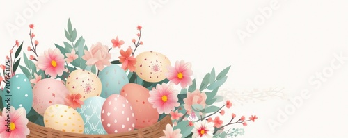 A whimsical Easter scene with decorated eggs among spring flowers and a bunny figure, set against a light blue backdrop with soft bokeh.
