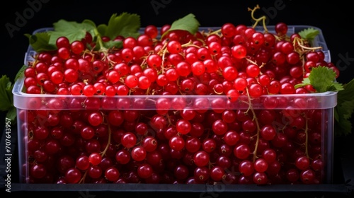 A box packed with vibrant red currants, close-up realistic photo Generative AI