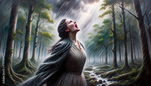 Una mujer gritando en bosque lluvioso - Cuadro al óleo de grito de libertad en la naturaleza