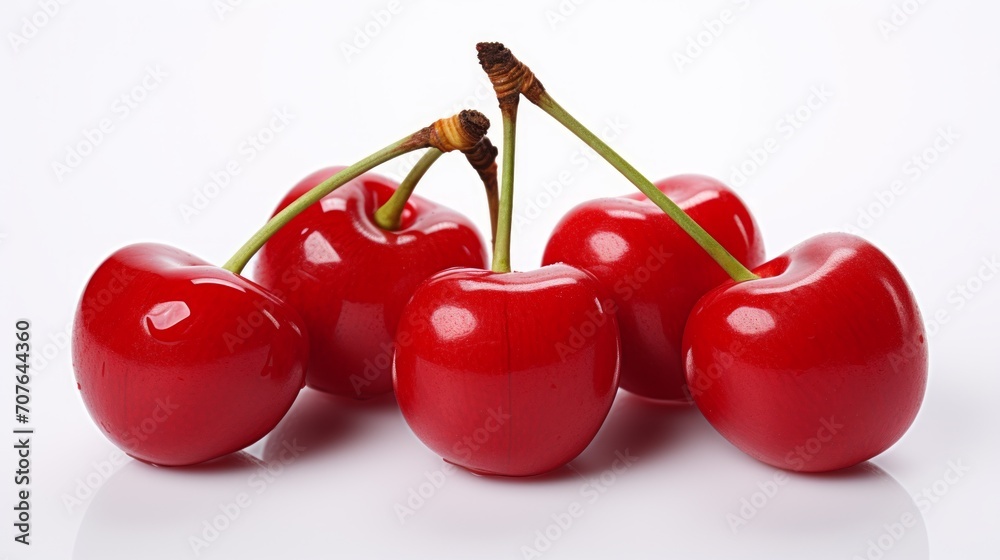 Close-up realistic photo featuring three bright red cherries on a white background Generative AI Close-up realistic photo featuring three bright red cherries on a white background Generative AI