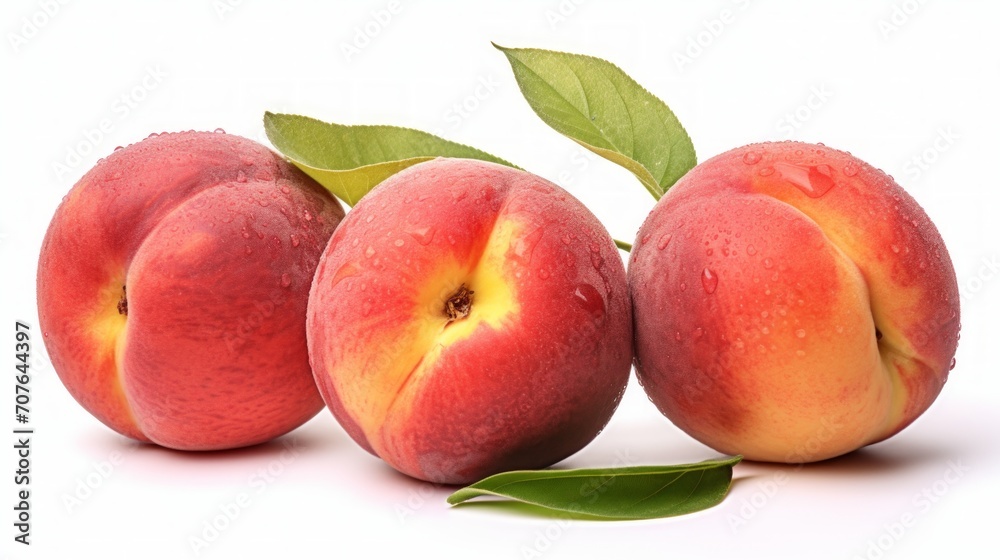 Close-up realistic photo featuring three juicy nectarines on a white background Generative AI Close-up realistic photo featuring three juicy nectarines on a white background Generative AI