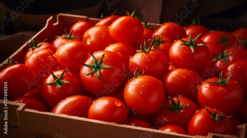 Close-up realistic photo capturing a box filled with juicy red tomatoes Generative AI