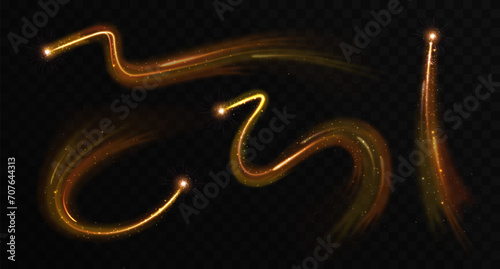 Set of Magic golden glowing shiny trails isolated on black transparent background. Vector illustration