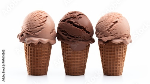 Close-up realistic photo of three scoops of rich chocolate ice cream on a white background Generative AI