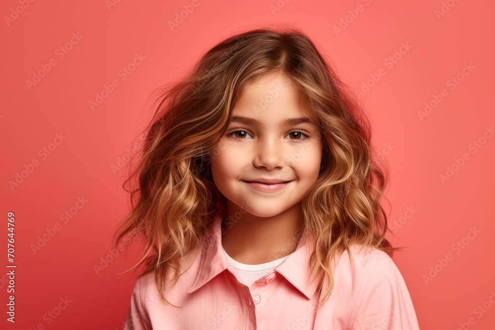 Portrait of a smiling little girl in a pink shirt on a pink background. Portrait of a smiling little girl in a pink shirt on a pink background.