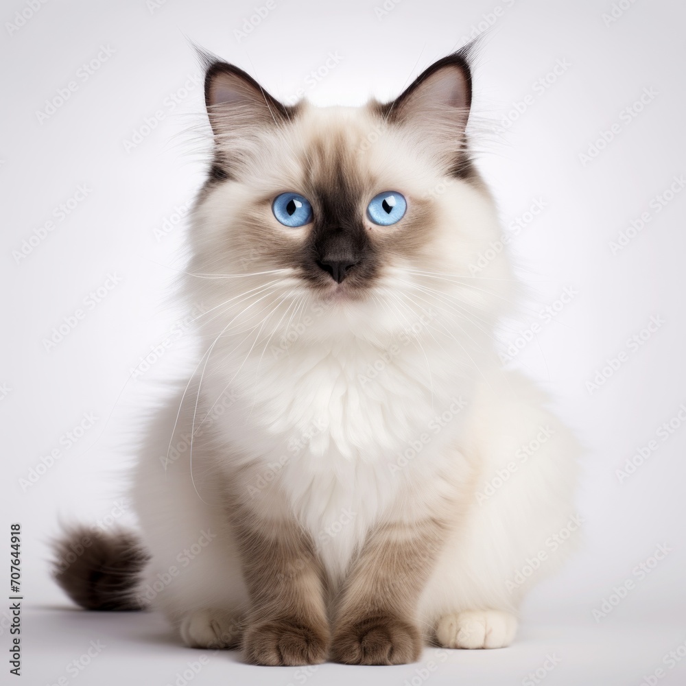 Realistic photo of a Birman cat on a white background, striking blue eyes, fluffy coat, serene and gentle presence Generative AI