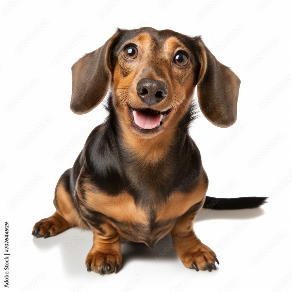 Realistic photo of a Dachshund on a white background, long body, expressive eyes, cheerful and curious expression Generative AI