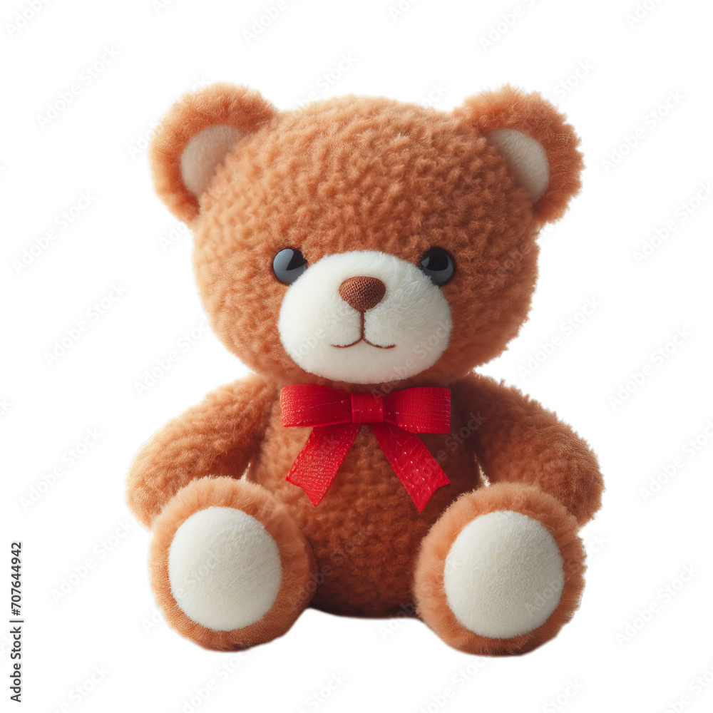 teddy bear with red bow on transparent or white background, png