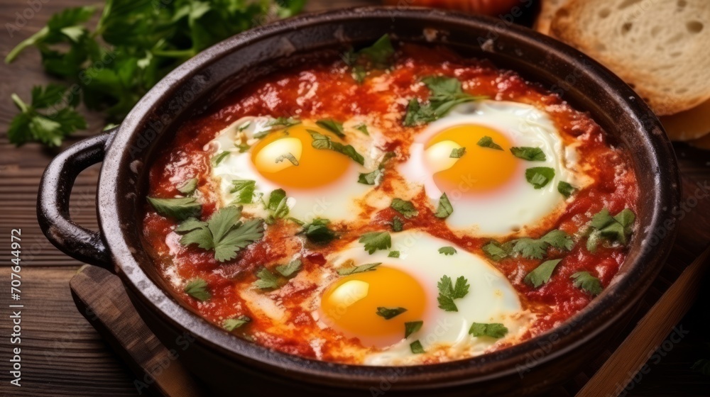 Shakshuka, eggs poached in a spicy tomato sauce, presented on a white plate, top-down view, rustic and flavorful meal Generative AI Shakshuka, eggs poached in a spicy tomato sauce, presented on a white plate, top-down view, rustic and flavorful meal Generative AI