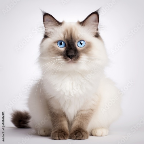 Realistic photo of a Birman cat on a white background, striking blue eyes, fluffy coat, serene and gentle presence Generative AI