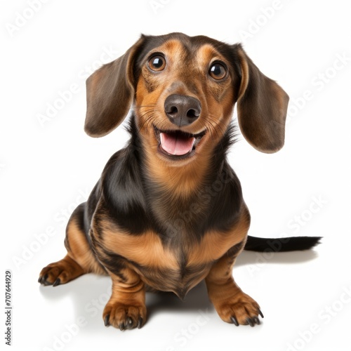 Realistic photo of a Dachshund on a white background  long body  expressive eyes  cheerful and curious expression Generative AI