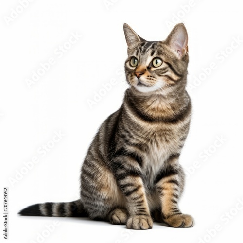Realistic photo of a Tabby cat on a white background, curious expression, distinct markings, relaxed posture Generative AI