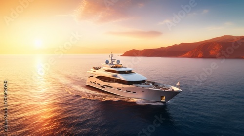 Realistic photo of an opulent yacht cruise at sunset, luxurious setting with sun-kissed hues, wealthy vacationers enjoying the view Generative AI