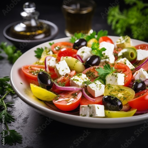 Stock image of a Mediterranean-style salad with olives, feta cheese, tomatoes, and olive oil, fresh and flavorful Generative AI © vadosloginov