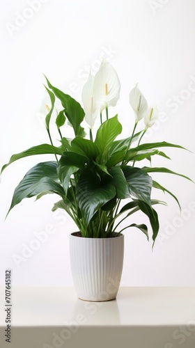 Stock image of a Peace Lily on a white background, elegant white blooms and glossy foliage, serene and gracefu Generative AI
