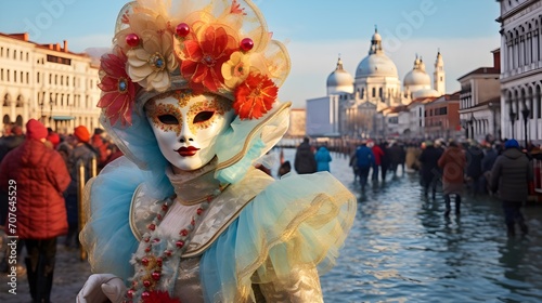 Masked performer at Venice Carnival, ornate costume, Italian tradition, festive masquerade, cultural heritage photo